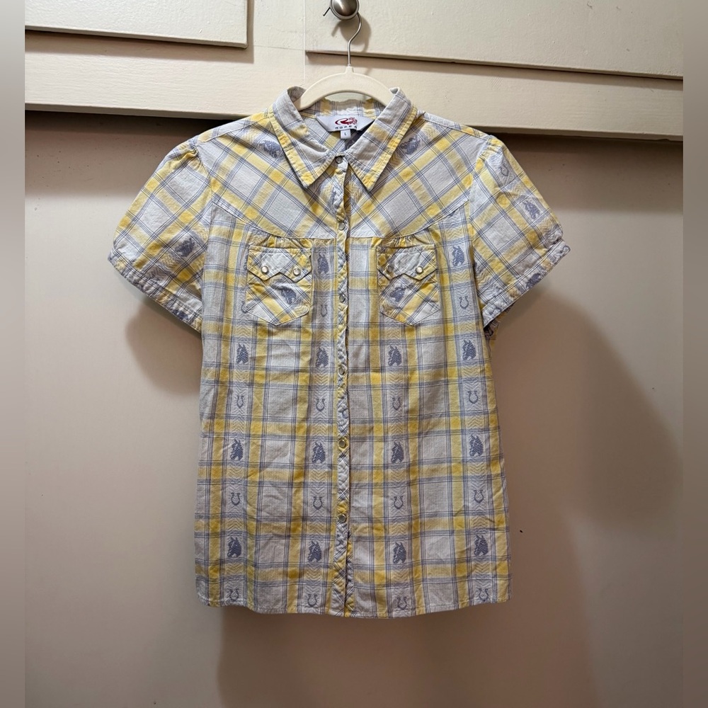 Roper Western Plaid Button-Down Blouse L Horse Print